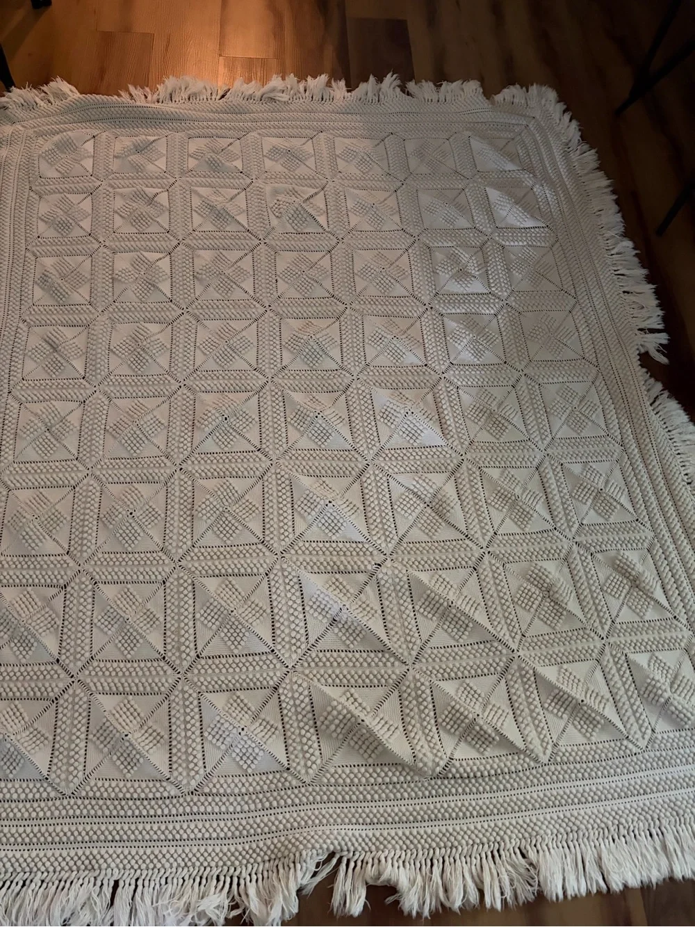 Handmade  Boho Crocheted Square Blanket with Fringe - Cream